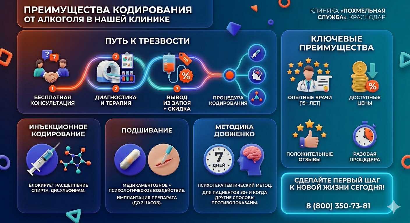 Инфографика о методах кодирования от алкоголя в Курчатове: инъекции, подшивание, метод Довженко. Преимущества клиники и этапы лечения.