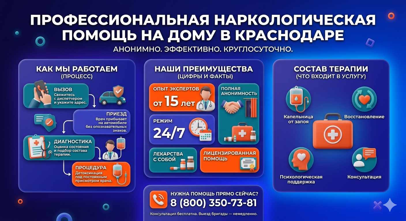 Инфографика о принципах лечения алкоголизма на дому в Курчатове: этапы вызова нарколога, преимущества анонимной детоксикации и состав медицинской помощи.
